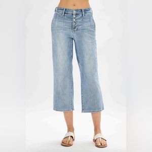 Judy Blue High Rise Button Fly Vintage Wash Cropped Wide Leg Jeans